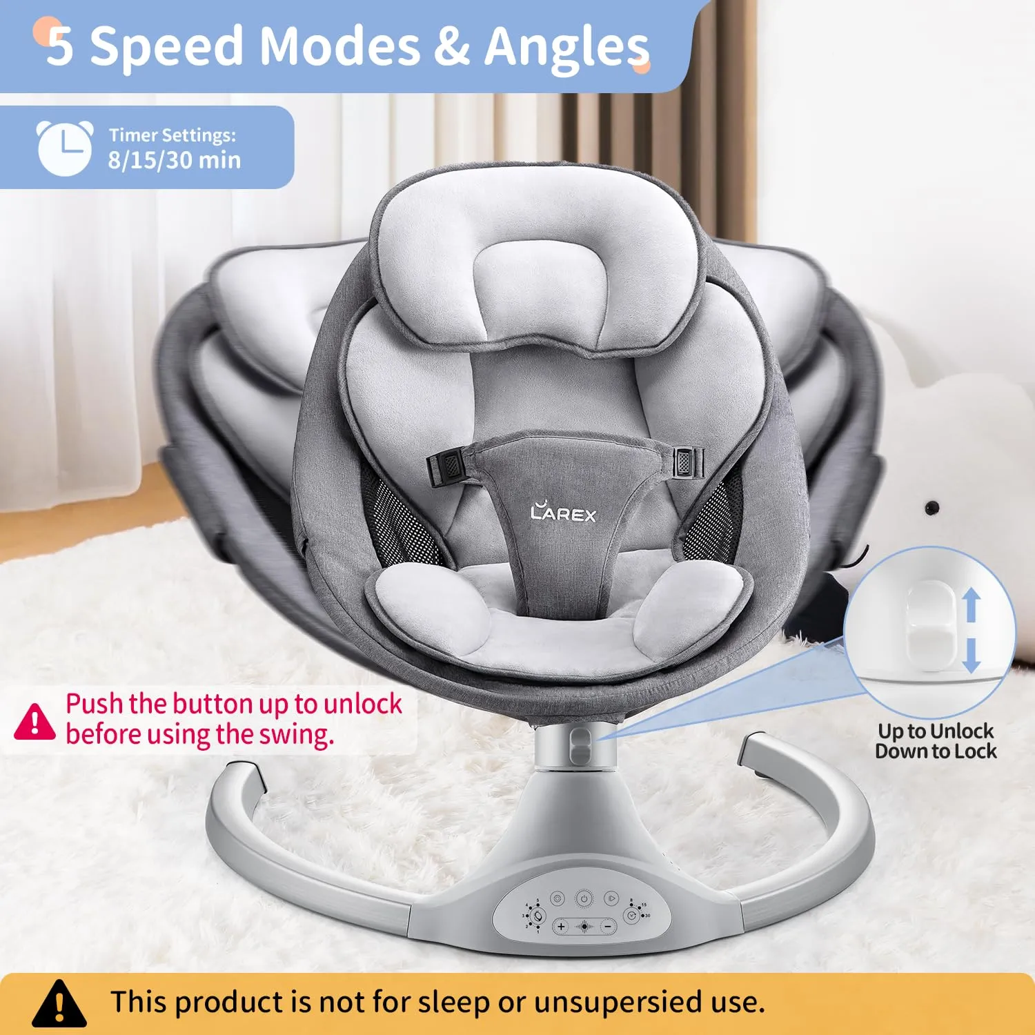 LAREX Baby Swing Infant Swing Electric Toddler Baby Rocker Portable for Newborn Boy Girl, 5 Sway Speeds with Remote Control, 10 Preset Melodies and Bluetooth, 0-6 Months Max 20 Lbs (Gray)