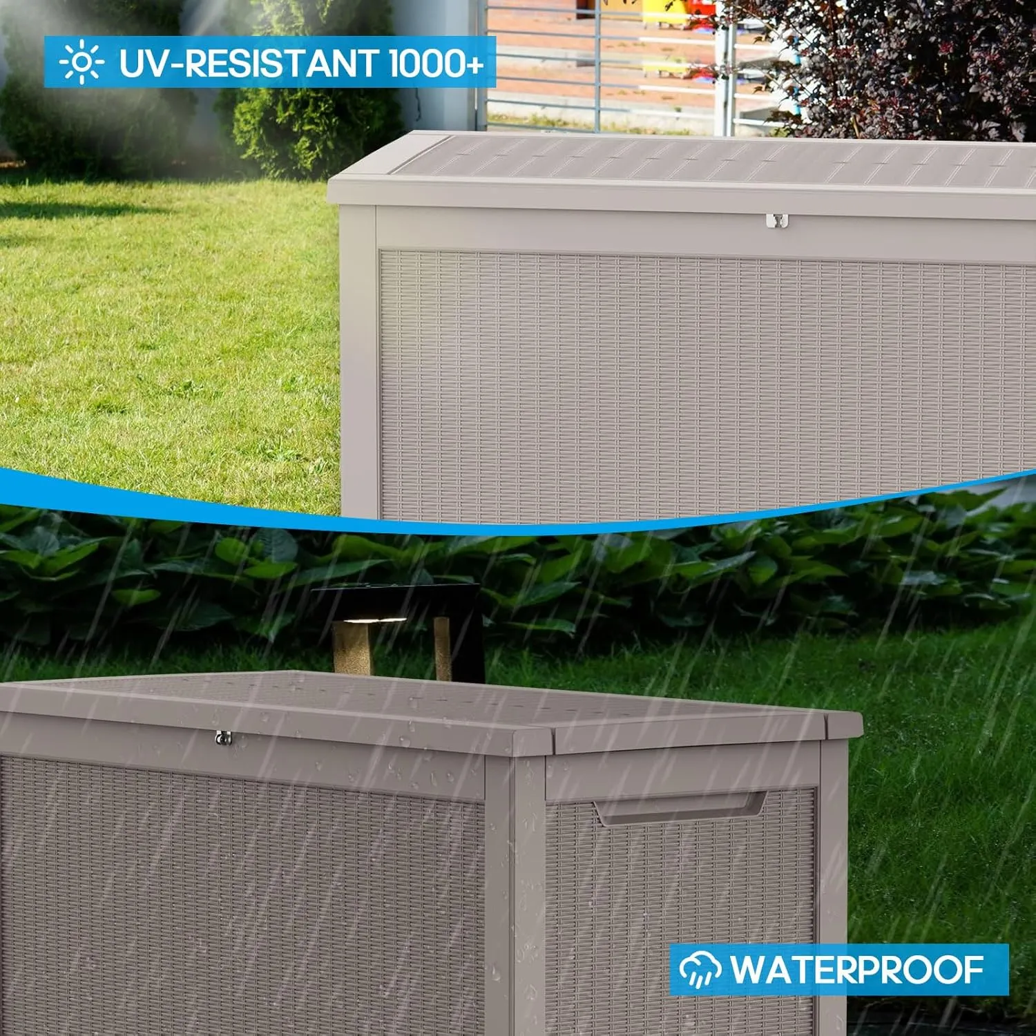 Large Deck Box 260 Gallon, Resin Patio Storage Box with Lockable Lid for Patio Furniture, Garden Tools, Pool Accessories, Weatherproof Outdoor Storage Bin, Brown