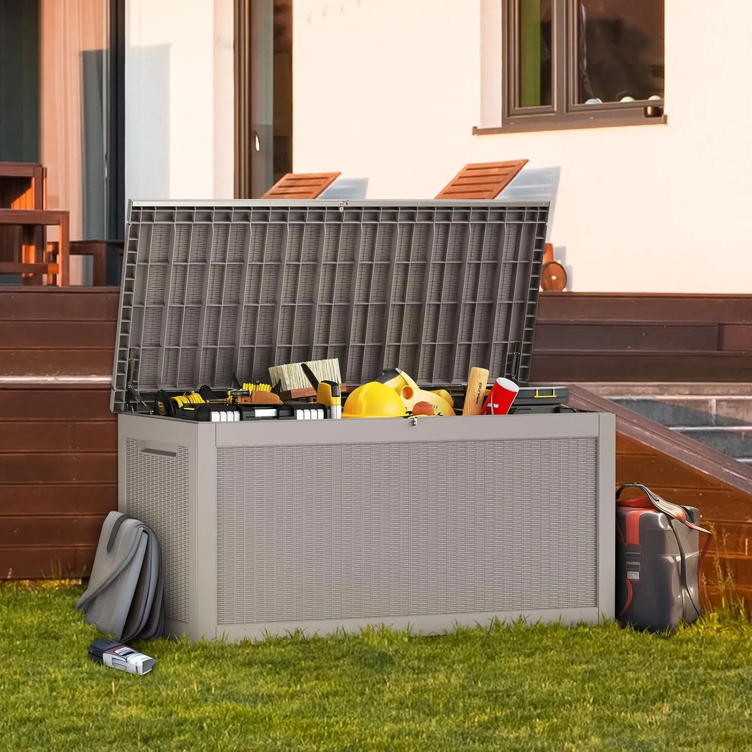 Large Deck Box 260 Gallon, Resin Patio Storage Box with Lockable Lid for Patio Furniture, Garden Tools, Pool Accessories, Weatherproof Outdoor Storage Bin, Brown
