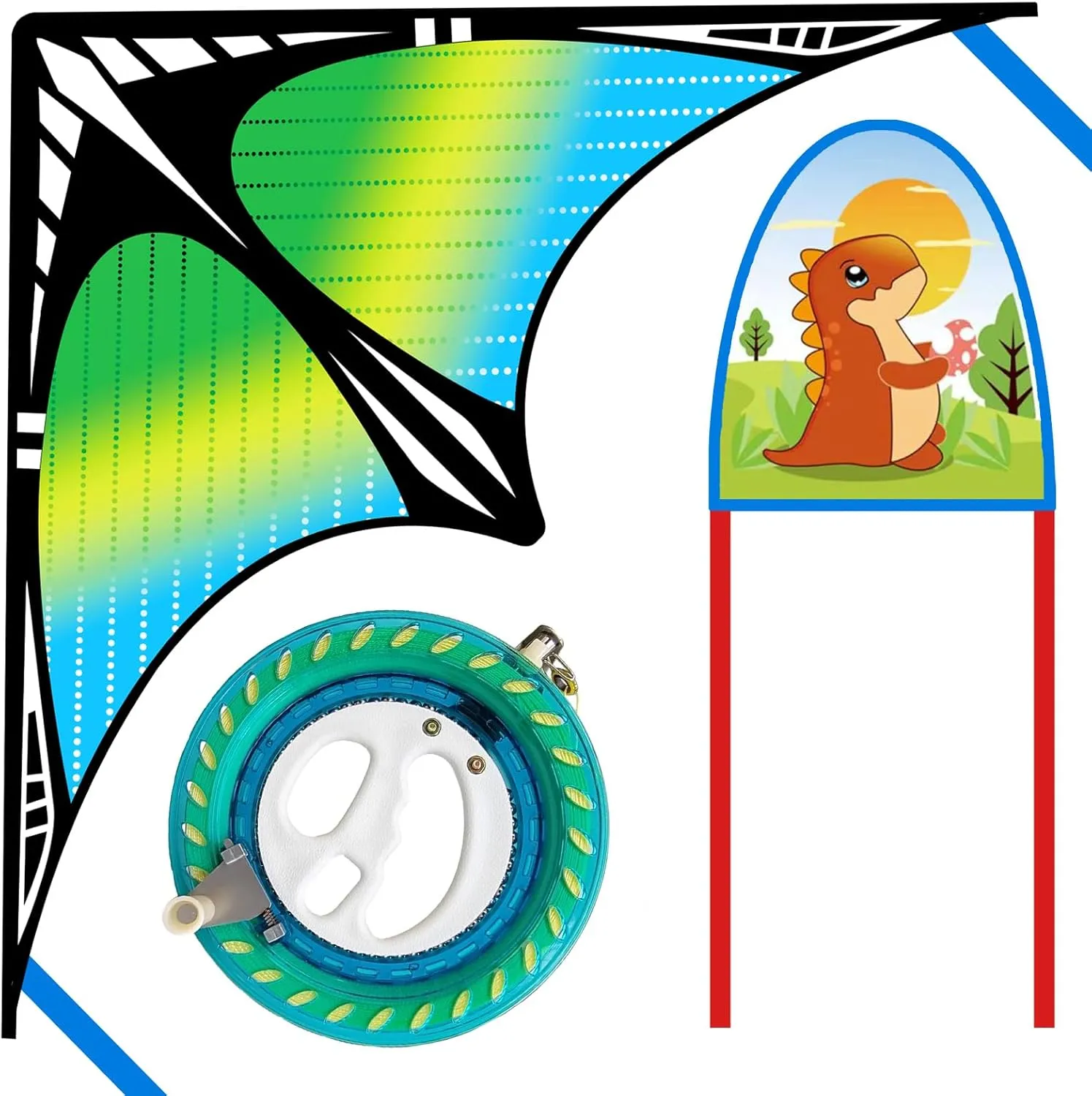 Large Delta Kite and Reel Winder and Thumb Ejection Kite Set, Easy to Fly - 7.1’’ Wheel with 650ft String for Kids and Adults, Single Line, Perfect for Beginners.