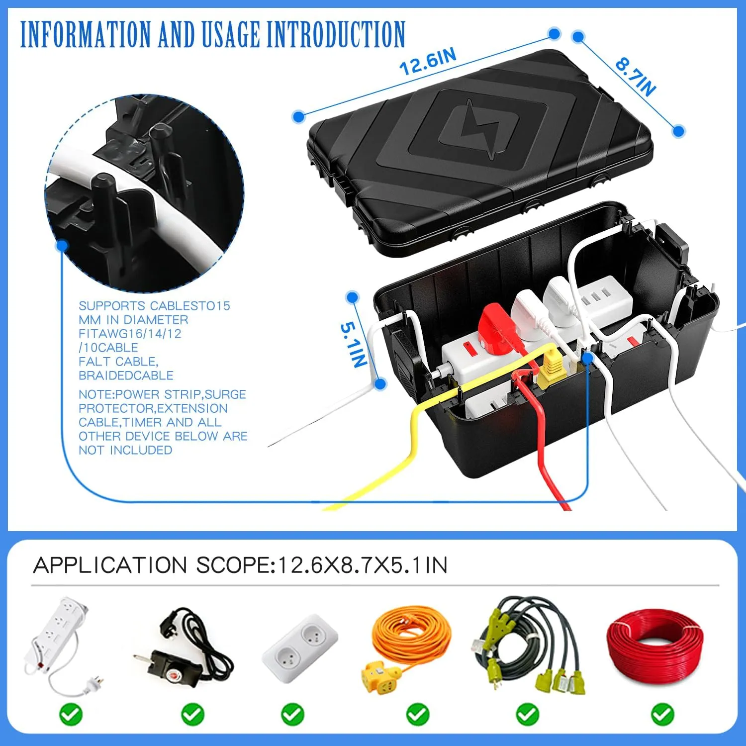 Large Outdoor Electrical Box (12.6 x 8.5 x 5.2 in) - IP54 Waterproof Outdoor Outlet Covers,Extension Cord Covers Protect for Timer Outle,Power Strips,Plug, Socket,and Holiday Light Decorations