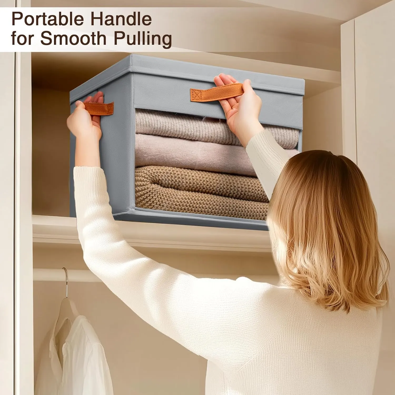 Large Storage Bins with Lids - 4 Pack Foldable Decorative Organizers with Clear Windows & Handles, Cube Storage Organizers for Clothes, Blankets, Sweaters, Sheets, Light Gray