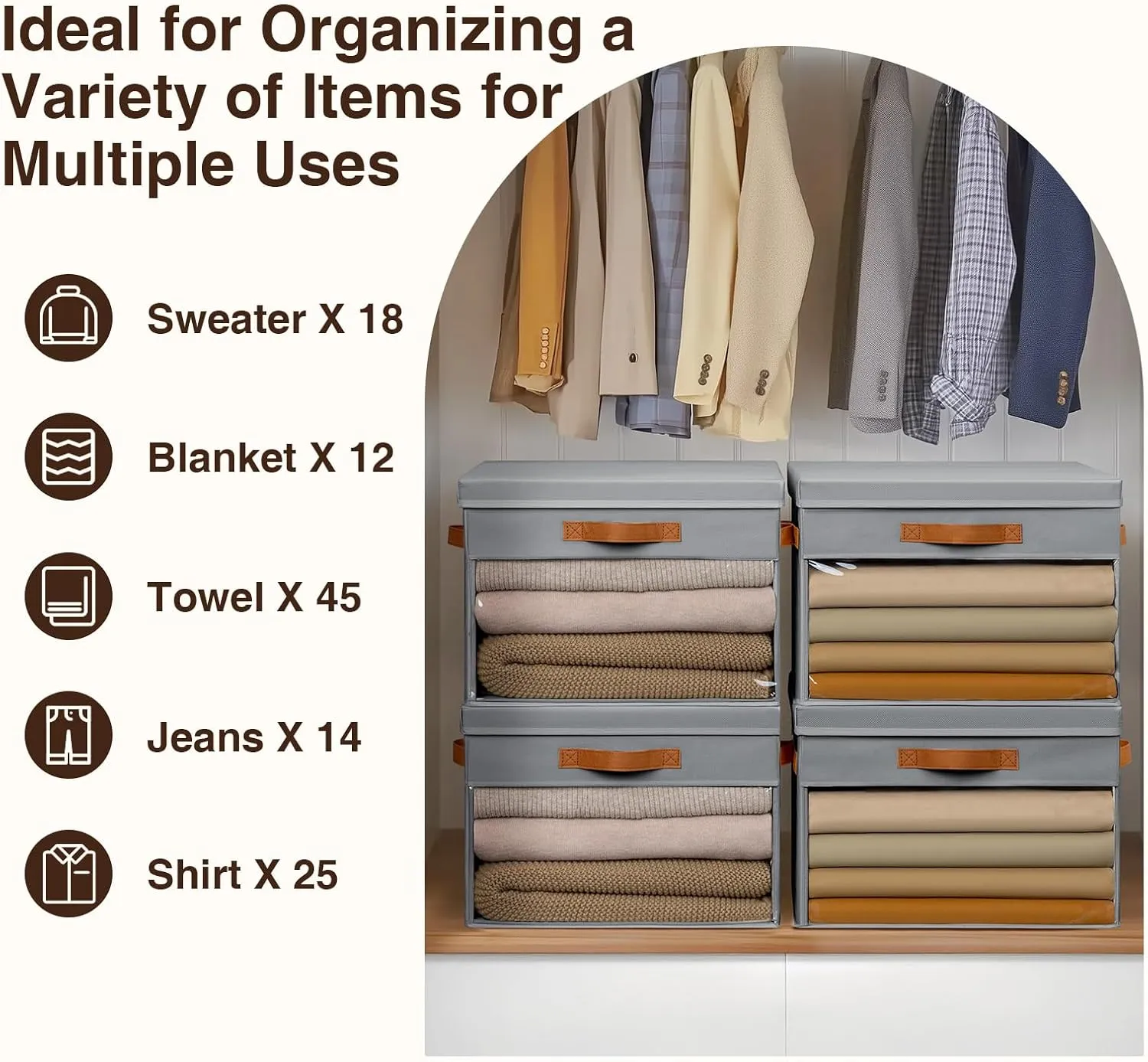 Large Storage Bins with Lids - 4 Pack Foldable Decorative Organizers with Clear Windows & Handles, Cube Storage Organizers for Clothes, Blankets, Sweaters, Sheets, Light Gray