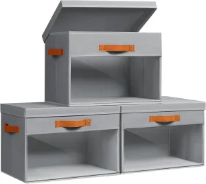 Large Storage Bins with Lids - 4 Pack Foldable Decorative Organizers with Clear Windows & Handles, Cube Storage Organizers for Clothes, Blankets, Sweaters, Sheets, Light Gray