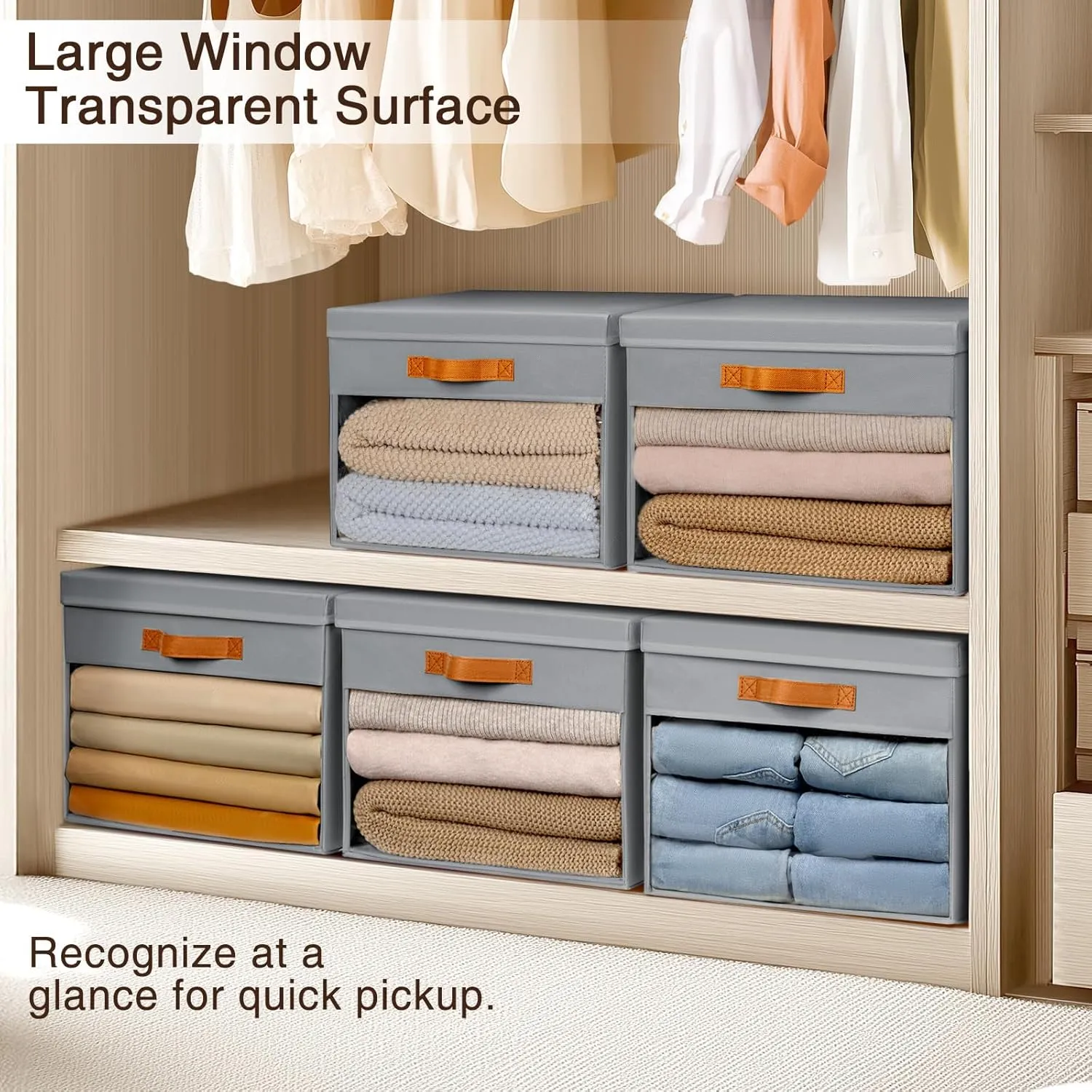 Large Storage Bins with Lids - 4 Pack Foldable Decorative Organizers with Clear Windows & Handles, Cube Storage Organizers for Clothes, Blankets, Sweaters, Sheets, Light Gray