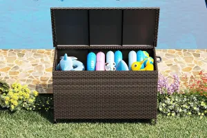 Large Waterproof Outdoor Storage Box – 185-Gallon Weather-Resistant PE Rattan Deck Box for Cushions, Garden Tools, and Pool Supplies – Ideal Patio Storage Solution, Dark Brown