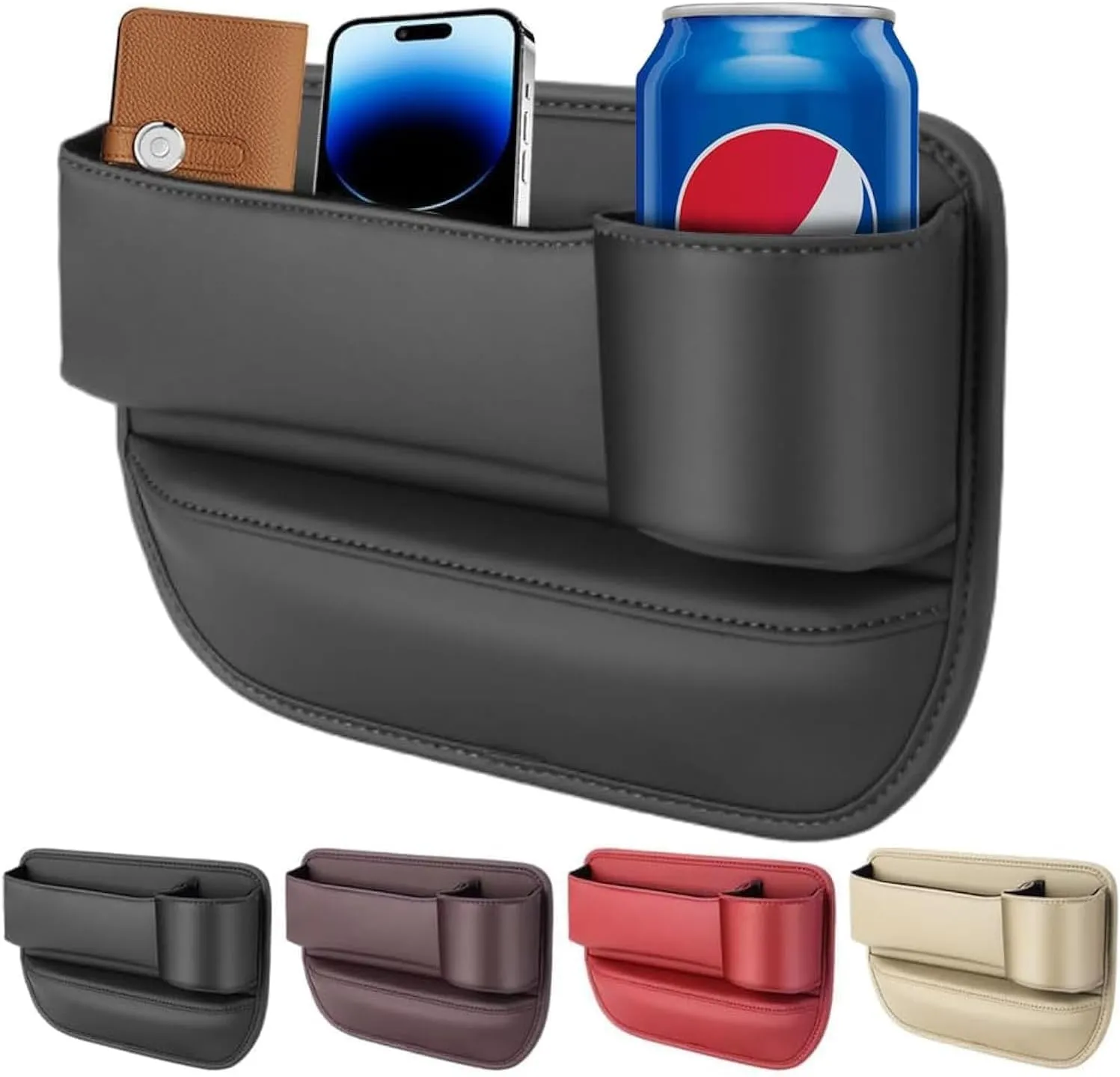 Leather Car Cup Holder Gap Bag, Seat Storage Box With Water Cup Holder, Gap Filler Organizer, Adjustable for Glasses, Phones, Keys and Cards (Passenger Seat)