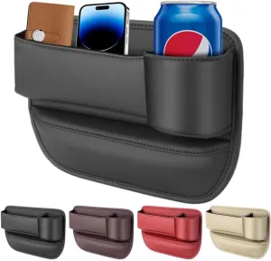 Leather Car Cup Holder Gap Bag, Seat Storage Box With Water Cup Holder, Gap Filler Organizer, Adjustable for Glasses, Phones, Keys and Cards (Passenger Seat)