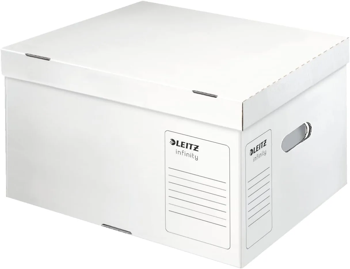Leitz Infinity Archive Container, Size L, Box for A4 Archive Box 5 x 80 mm/4 x 100 mm, Transport Box with Top Lid, Foldable Cardboard Packaging, 100% Acid Free Corrugated Cardboard, Pack of 20, White,
