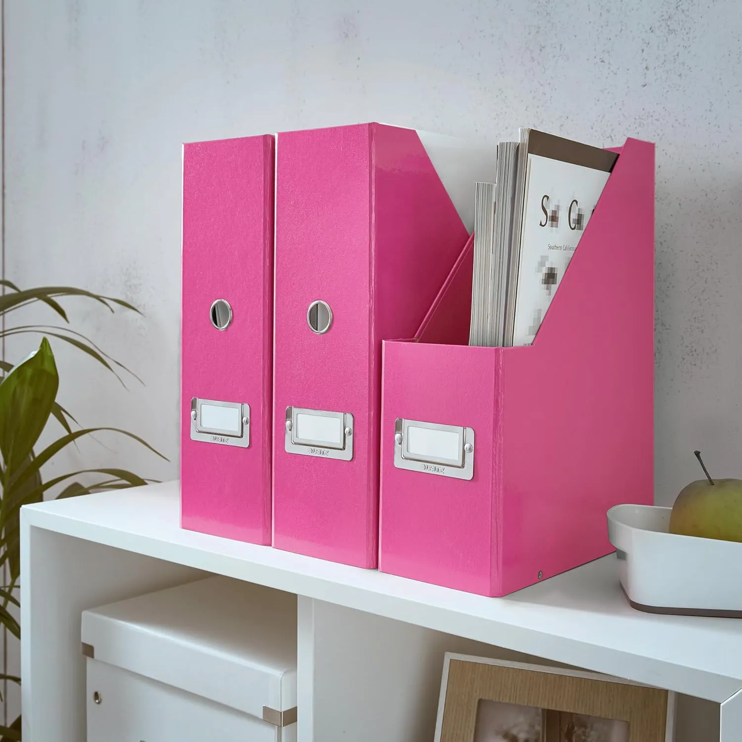 Leitz Magazine File Holder, A4, Cardboard Document Storage Box with Label, Foldable, for Home, Office & School, Click and Store Range 60470023 - Pink
