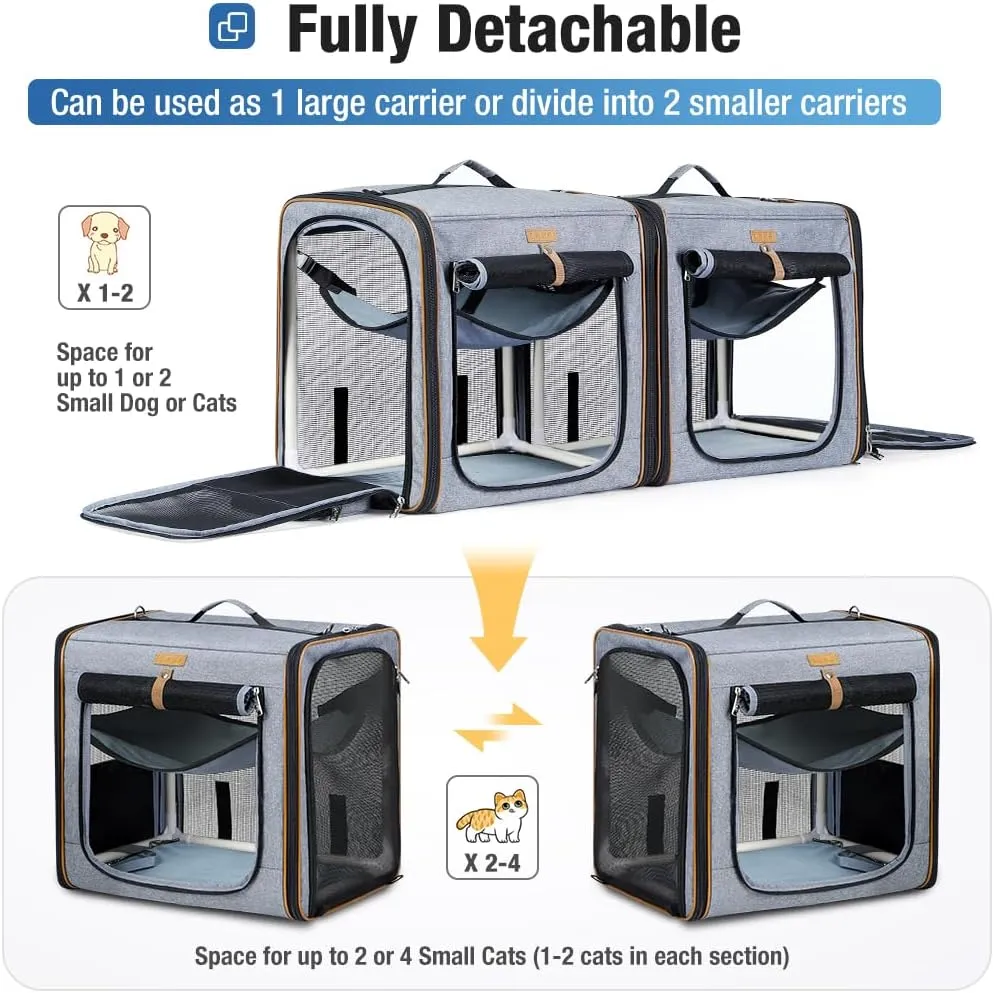 Lekereise 2-in-1 Large Cat Carrier for 2 Cats up to 35 Lbs, (17.7"*2)*16.5"*13" Car Travel Carrier with Litter Box, Bowl, and Locking Zipper - Grey