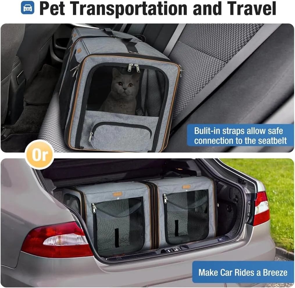 Lekereise 2-in-1 Large Cat Carrier for 2 Cats up to 35 Lbs, (17.7"*2)*16.5"*13" Car Travel Carrier with Litter Box, Bowl, and Locking Zipper - Grey