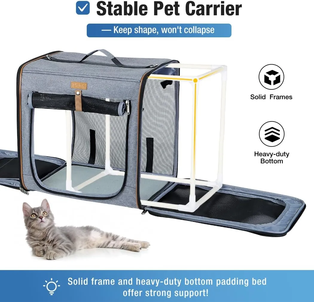 Lekereise 2-in-1 Large Cat Carrier for 2 Cats up to 35 Lbs, (17.7"*2)*16.5"*13" Car Travel Carrier with Litter Box, Bowl, and Locking Zipper - Grey