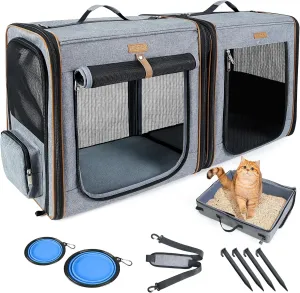 Lekereise 2-in-1 Large Cat Carrier for 2 Cats up to 35 Lbs, (17.7"*2)*16.5"*13" Car Travel Carrier with Litter Box, Bowl, and Locking Zipper - Grey
