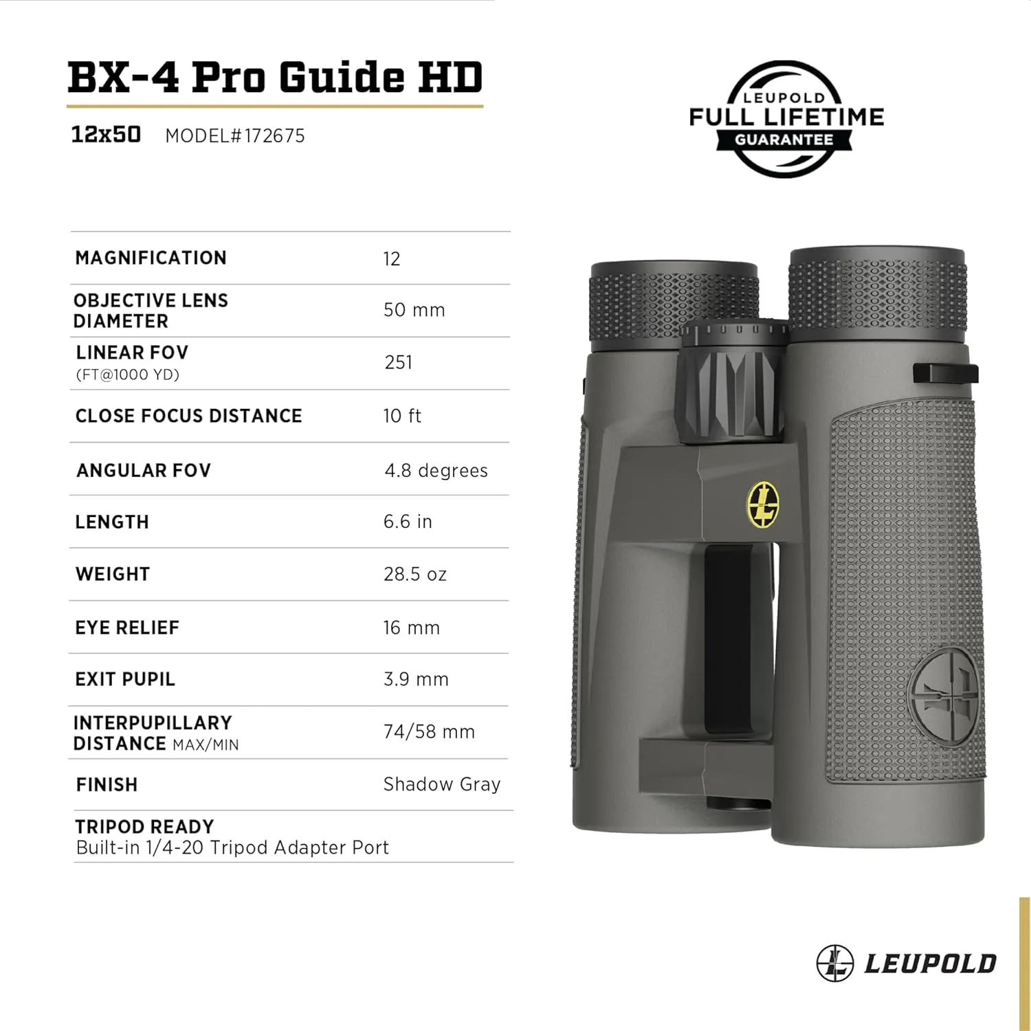 Leupold BX-4 Pro Guide HD Binoculars, 12x50mm, Shadow Gray (172675)