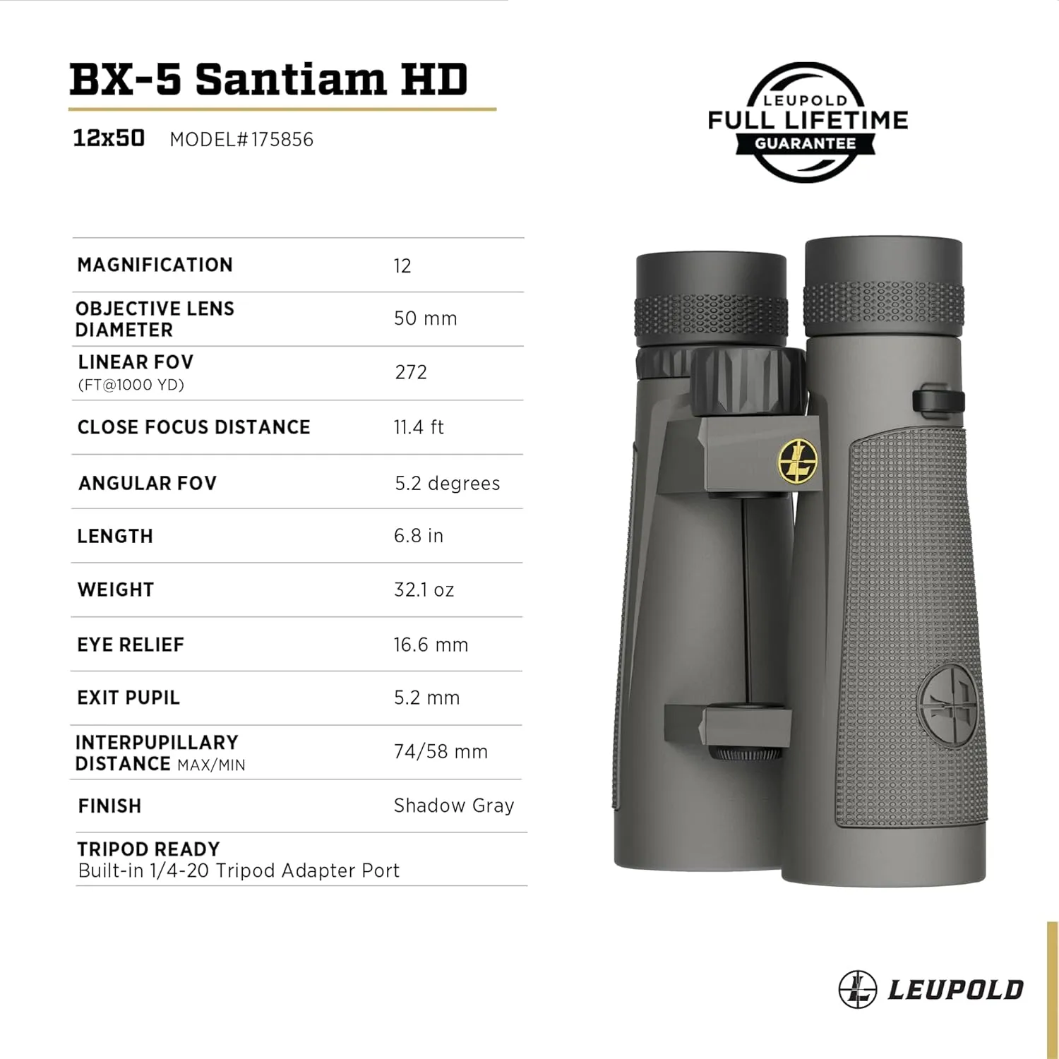 Leupold BX-5 Santiam HD Binoculars, 12x50mm (175856)