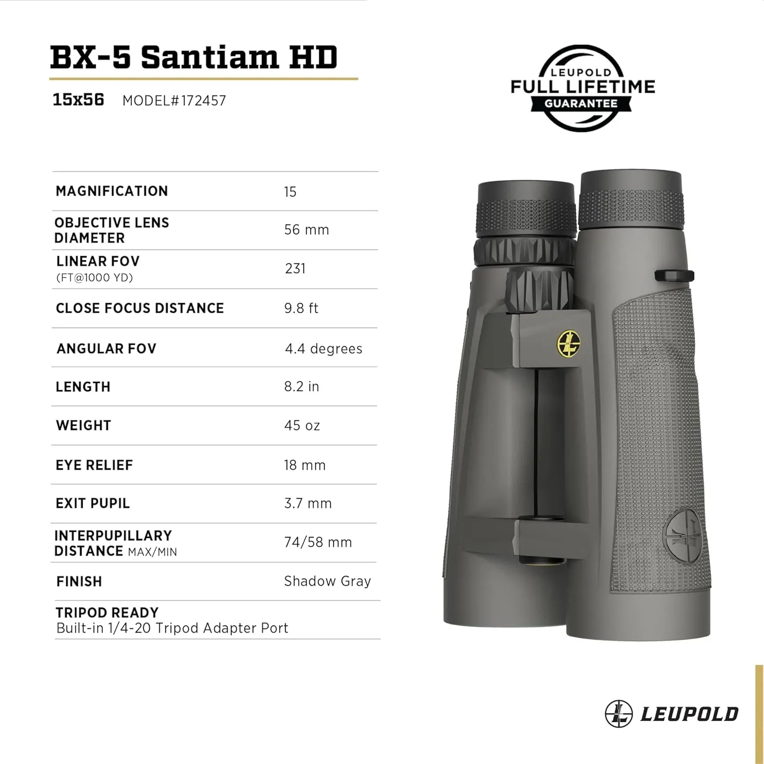 Leupold BX-5 Santiam HD Binoculars, 15x56mm (172457)