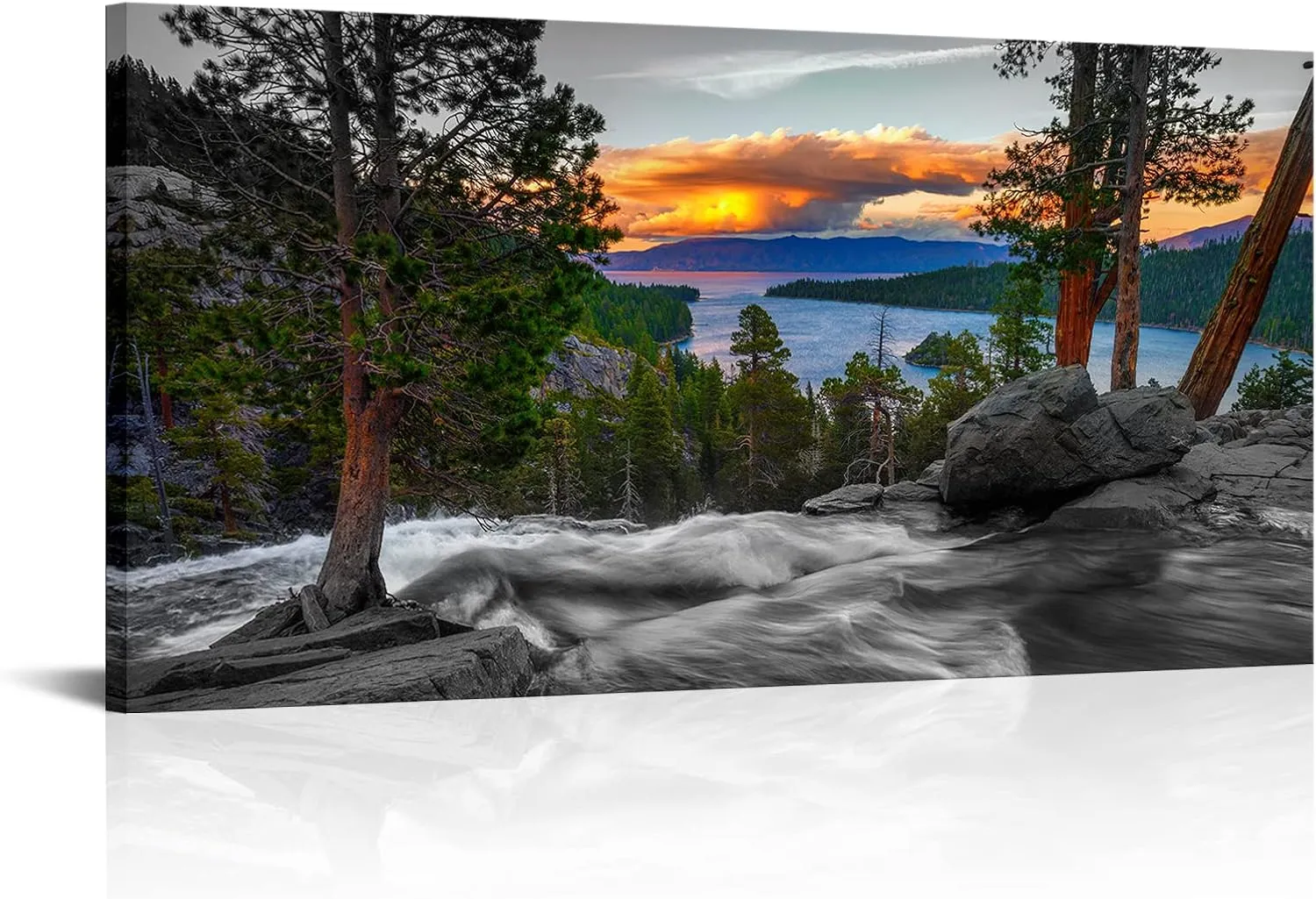 LevvArts California Sunset Picture Wall Art Emerald Bay Lake Tahoe Landscape Canvas Print Paintings USA Nature Scenery Artwork Framed Posters for Office Home Decor Ready to Hang 24"x48"