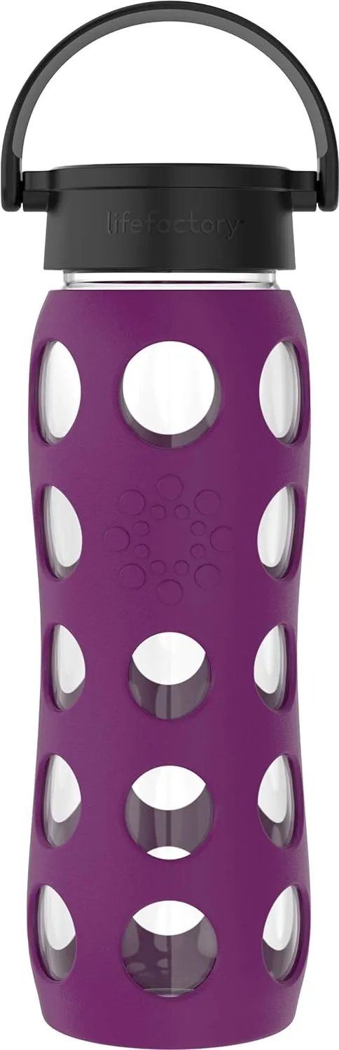Lifefactory 22-Ounce BPA-Free Glass Water Bottle with Classic Cap and Protective Silicone Sleeve, Plum