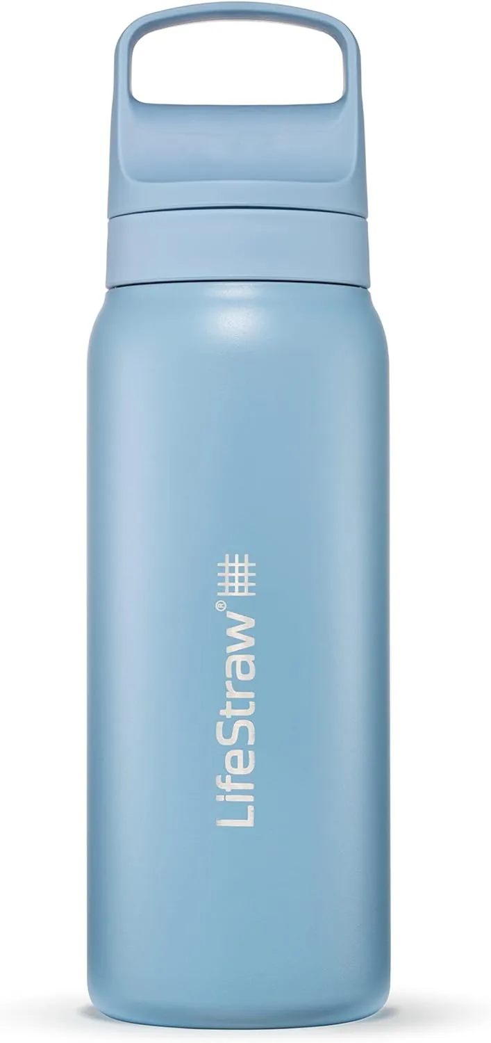 LifeStraw Go Series — Insulated Stainless Steel Water Filter Bottle for Travel and Everyday Use Removes Bacteria, Parasites and Microplastics, Improves Taste, 24oz Icelandic Blue