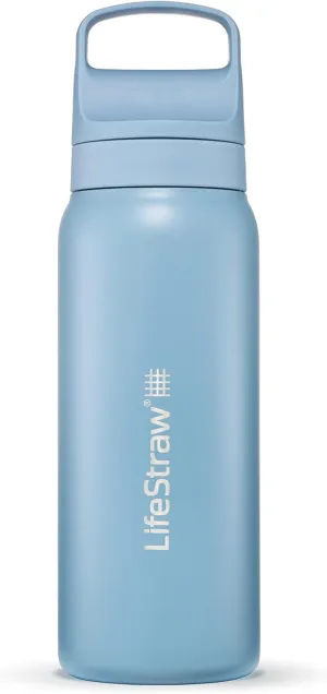 LifeStraw Go Series — Insulated Stainless Steel Water Filter Bottle for Travel and Everyday Use Removes Bacteria, Parasites and Microplastics, Improves Taste, 24oz Icelandic Blue