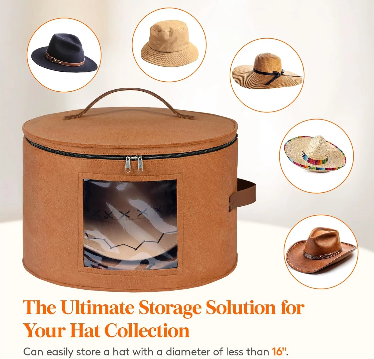 Lifewit Round Felt Hat Box, Stackable Bamboo Supports Cowboy Hat Travel Case with Dustproof Lid, Hat Organizer Bag for Women Storage, Foldable 16.5" D x 10.6" H Caps Container Carrier, 1 Pack-Brown