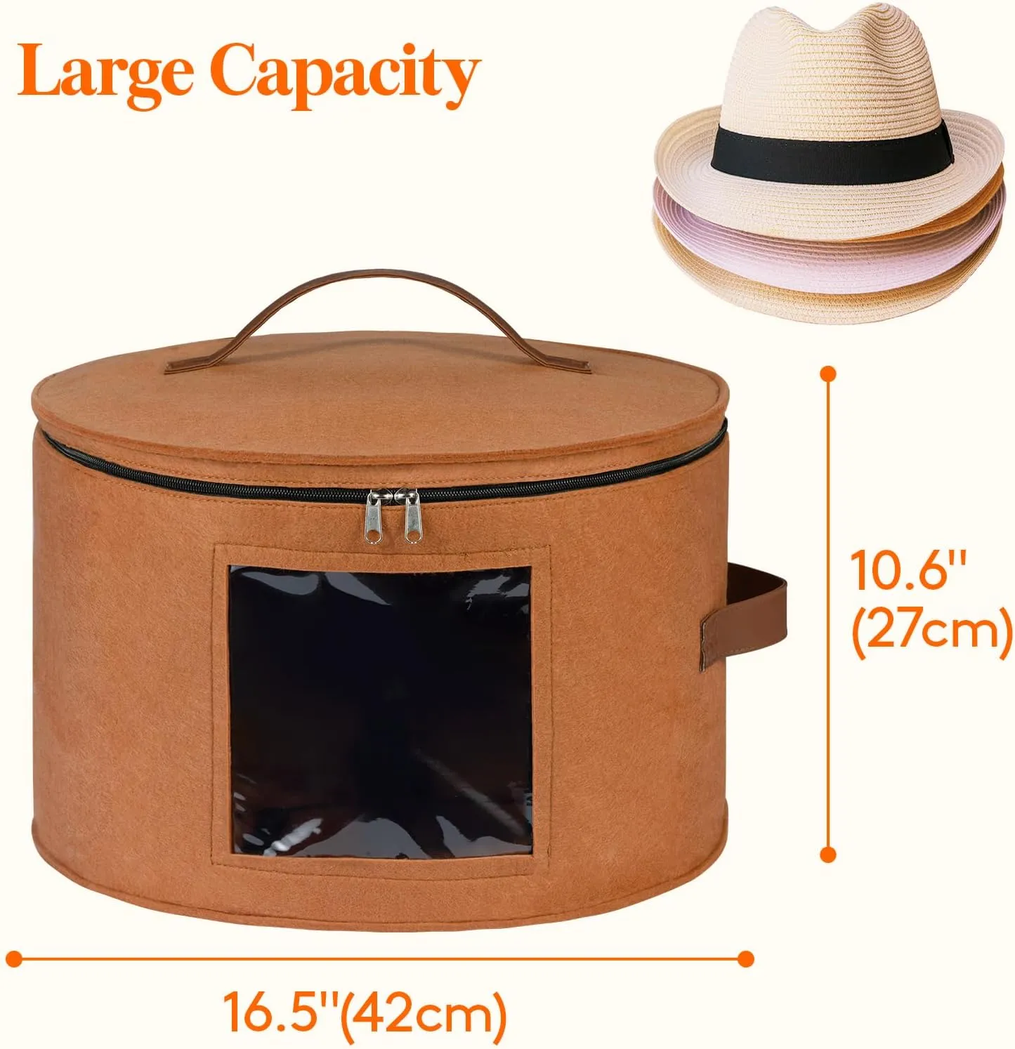 Lifewit Round Felt Hat Box, Stackable Bamboo Supports Cowboy Hat Travel Case with Dustproof Lid, Hat Organizer Bag for Women Storage, Foldable 16.5" D x 10.6" H Caps Container Carrier, 1 Pack-Brown