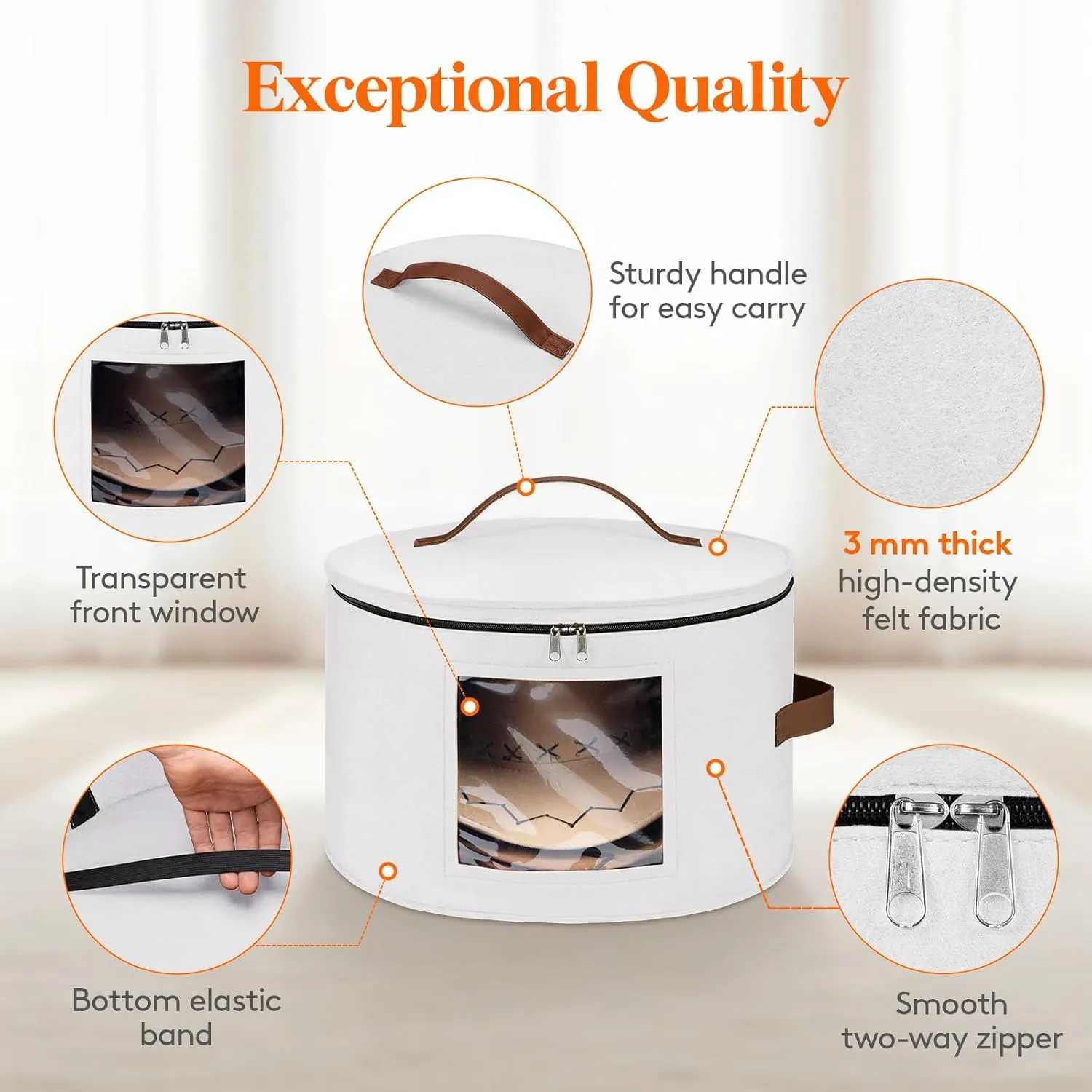 Lifewit Round Felt Hat Box, Stackable Bamboo Supports Cowboy Hat Travel Case with Dustproof Lid, Hat Organizer Bag for Women Storage, Foldable 16.5" D x 10.6" H Caps Container Carrier, 1 Pack-White