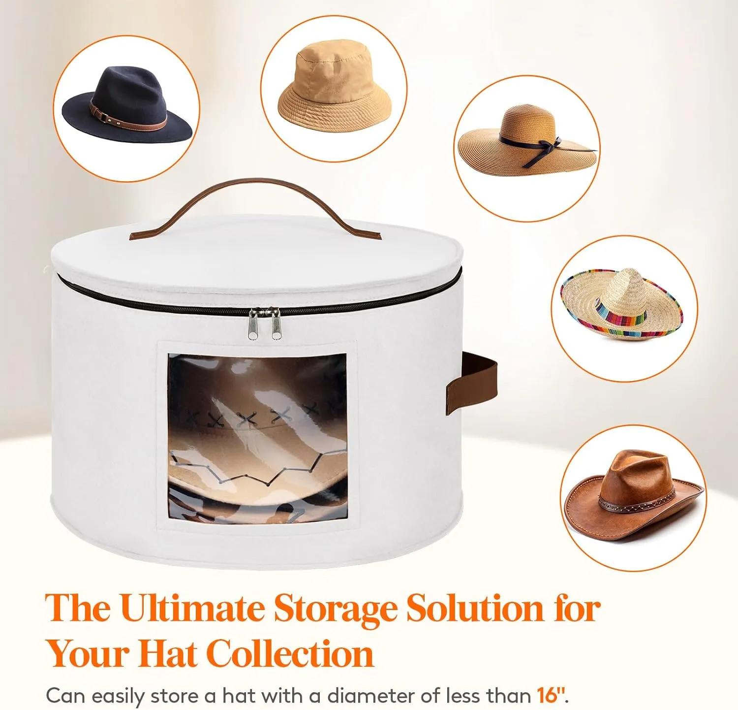 Lifewit Round Felt Hat Box, Stackable Bamboo Supports Cowboy Hat Travel Case with Dustproof Lid, Hat Organizer Bag for Women Storage, Foldable 16.5" D x 10.6" H Caps Container Carrier, 1 Pack-White