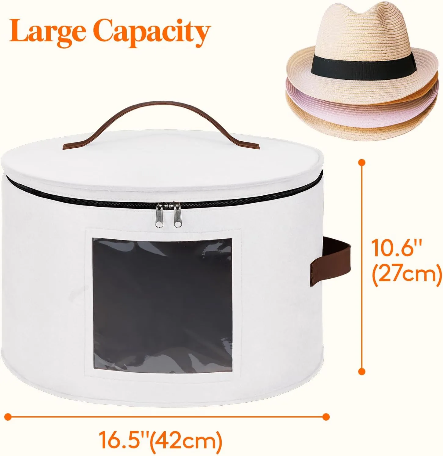 Lifewit Round Felt Hat Box, Stackable Bamboo Supports Cowboy Hat Travel Case with Dustproof Lid, Hat Organizer Bag for Women Storage, Foldable 16.5" D x 10.6" H Caps Container Carrier, 1 Pack-White