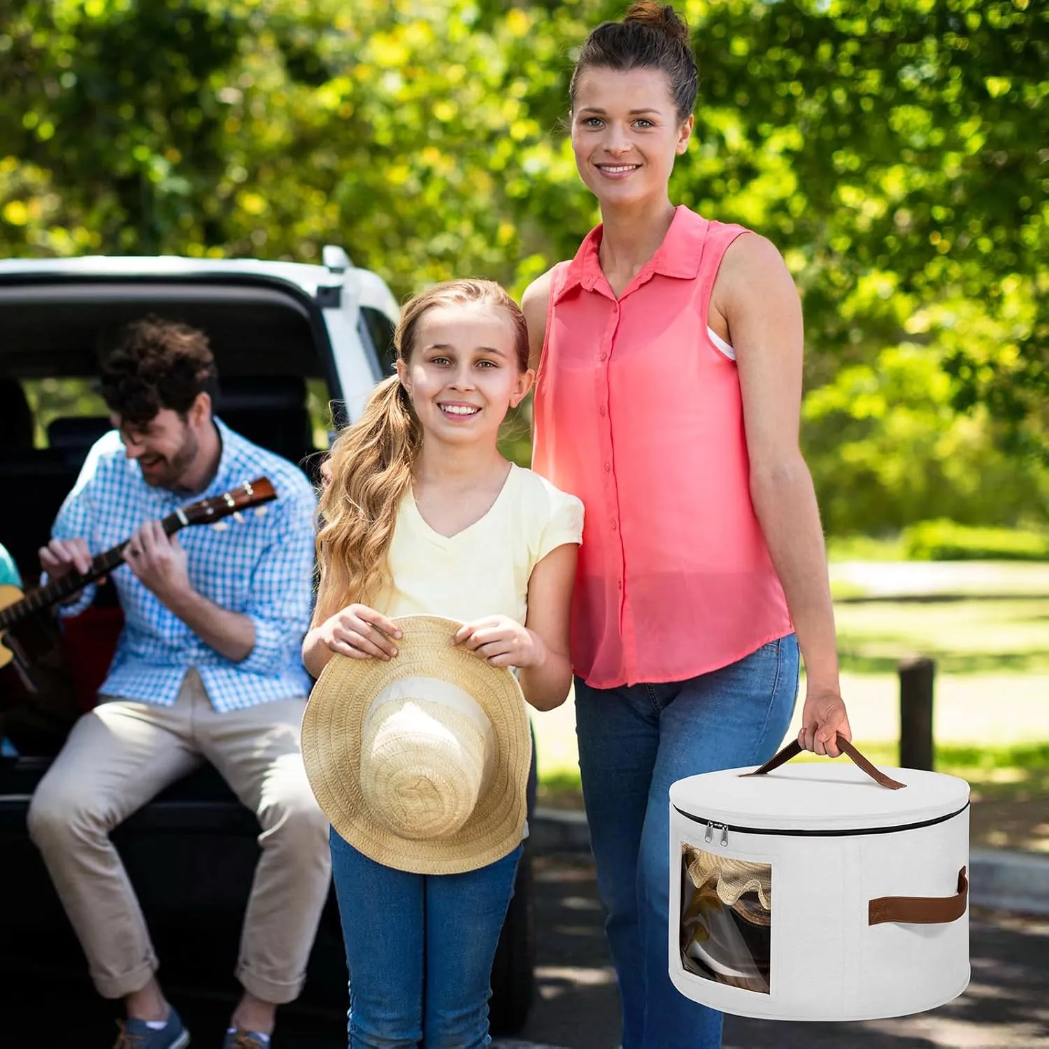 Lifewit Round Felt Hat Box, Stackable Bamboo Supports Cowboy Hat Travel Case with Dustproof Lid, Hat Organizer Bag for Women Storage, Foldable 16.5" D x 10.6" H Caps Container Carrier, 1 Pack-White