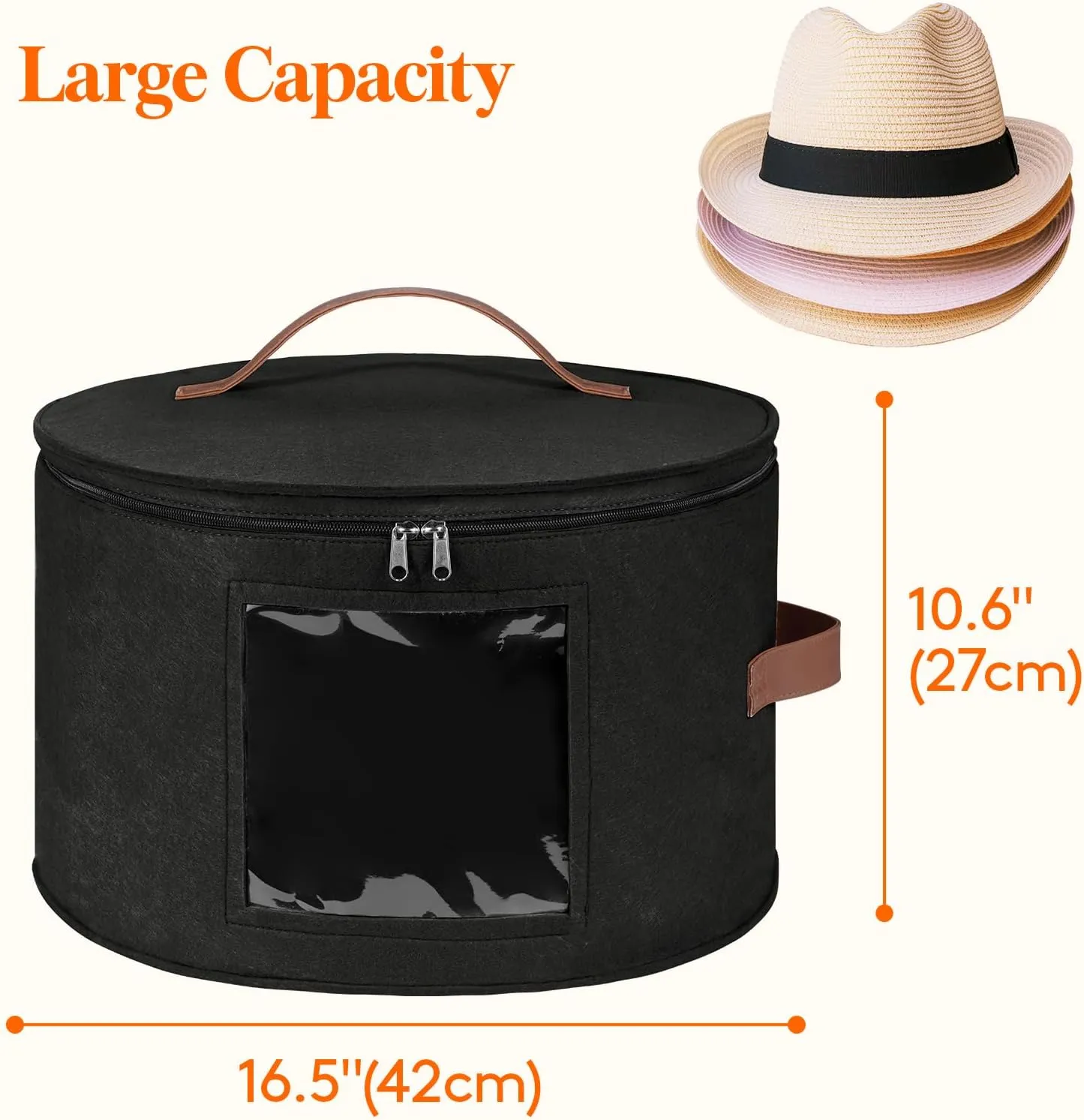 Lifewit Round Felt Hat Box, Stackable Bamboo Supports Cowboy Hat Travel Case with Dustproof Lid, Hat Organizer Bag for Women Storage, Foldable 16.5" D x 10.6" H Caps Container Carrier, 2 Pack-Black