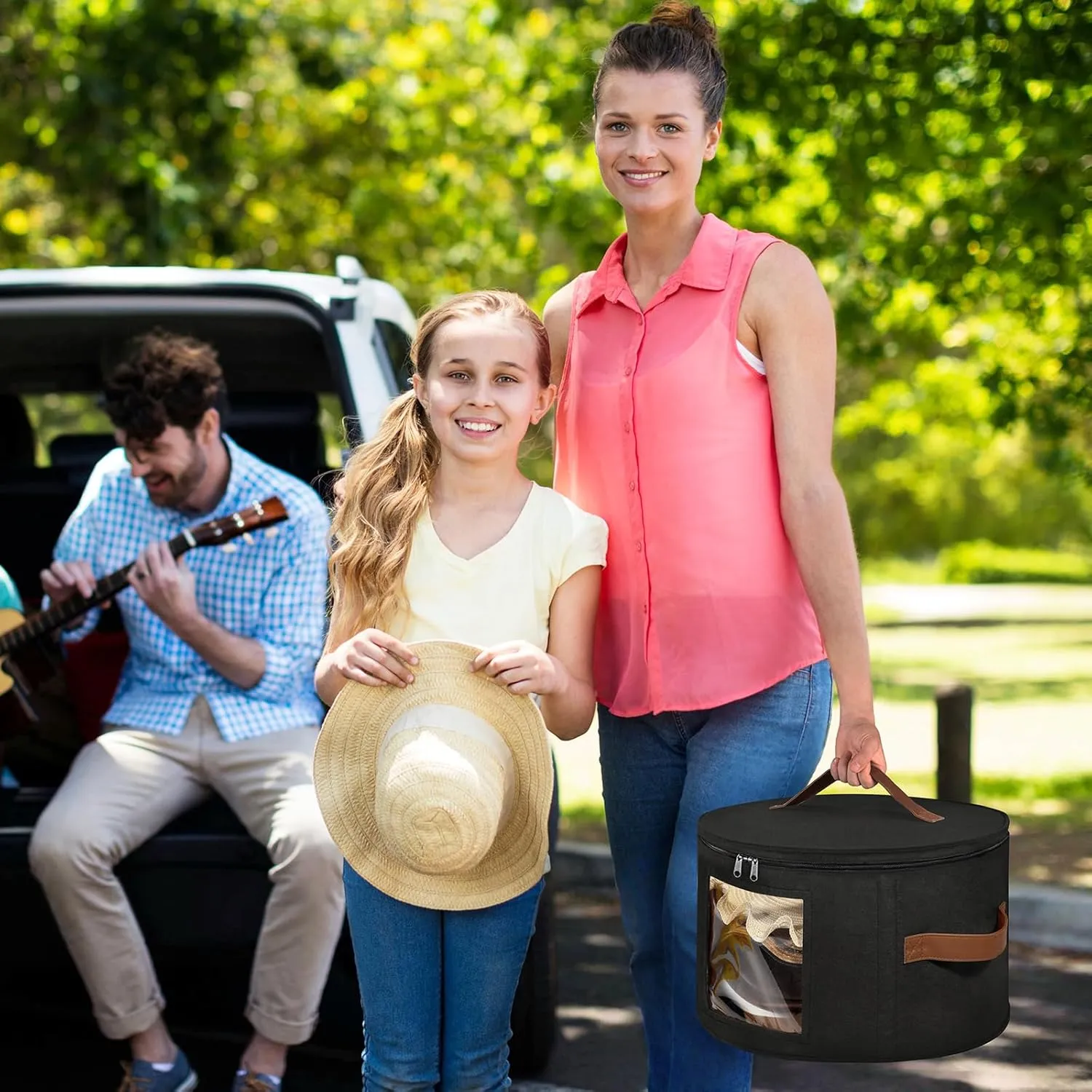 Lifewit Round Felt Hat Box, Stackable Bamboo Supports Cowboy Hat Travel Case with Dustproof Lid, Hat Organizer Bag for Women Storage, Foldable 16.5" D x 10.6" H Caps Container Carrier, 2 Pack-Black