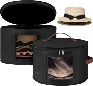 Lifewit Round Felt Hat Box, Stackable Bamboo Supports Cowboy Hat Travel Case with Dustproof Lid, Hat Organizer Bag for Women Storage, Foldable 16.5" D x 10.6" H Caps Container Carrier, 2 Pack-Black