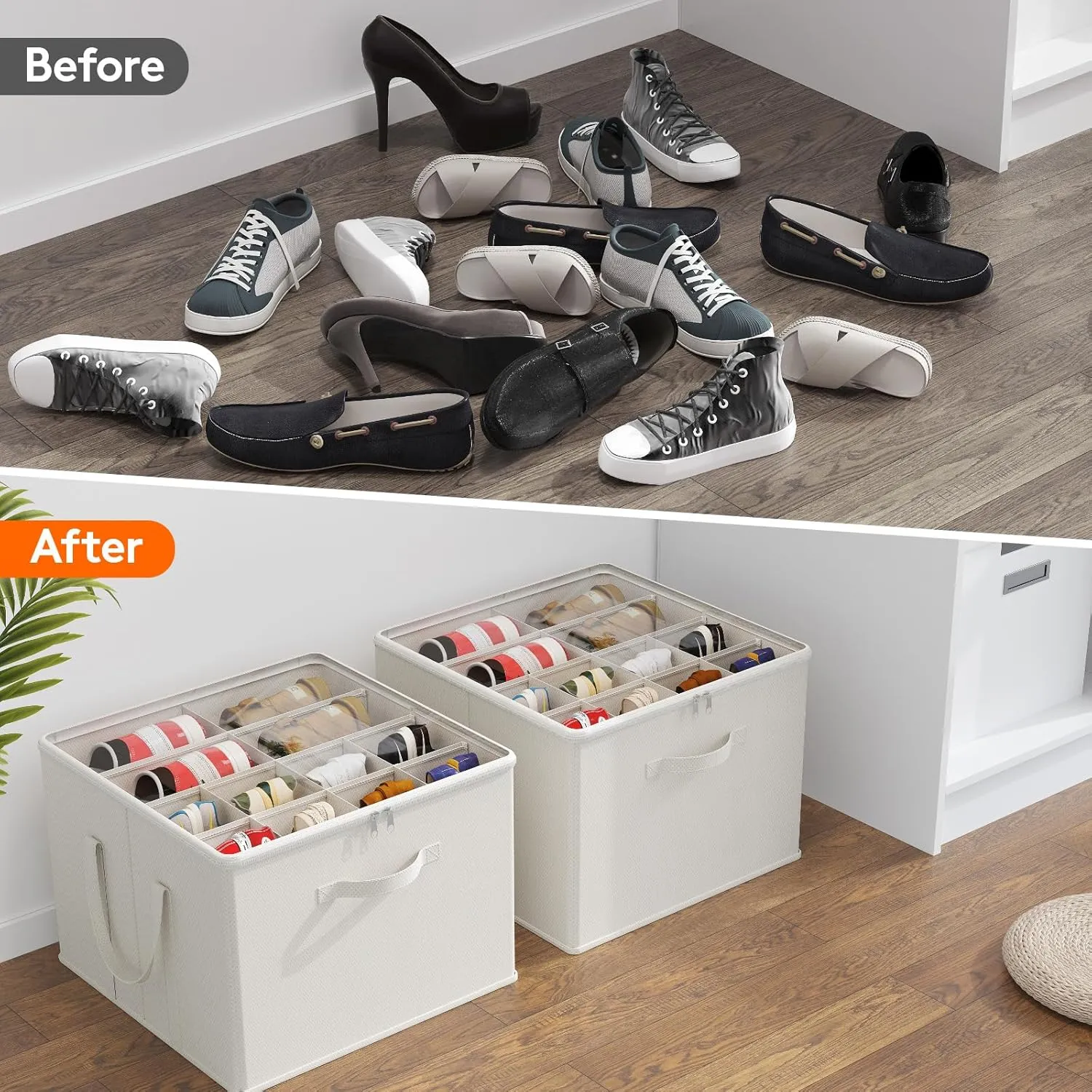 Lifewit Shoe Storage Organizer for Closet, Fits 12-16 Pairs, Large Shoe Box Storage Containers with Clear Cover and Reinforced Handles,Foldable Storage Bins Fits for Boots Heels Sneakers,3 Pack White