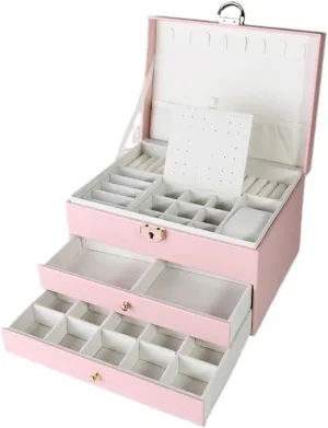 Light Luxury 3-Layer PU Leather Jewelry Box with Double Drawer, Elegant Jewelry Storage Box for Rings, Necklaces, Earrings, and Watches – Perfect Gift for Women