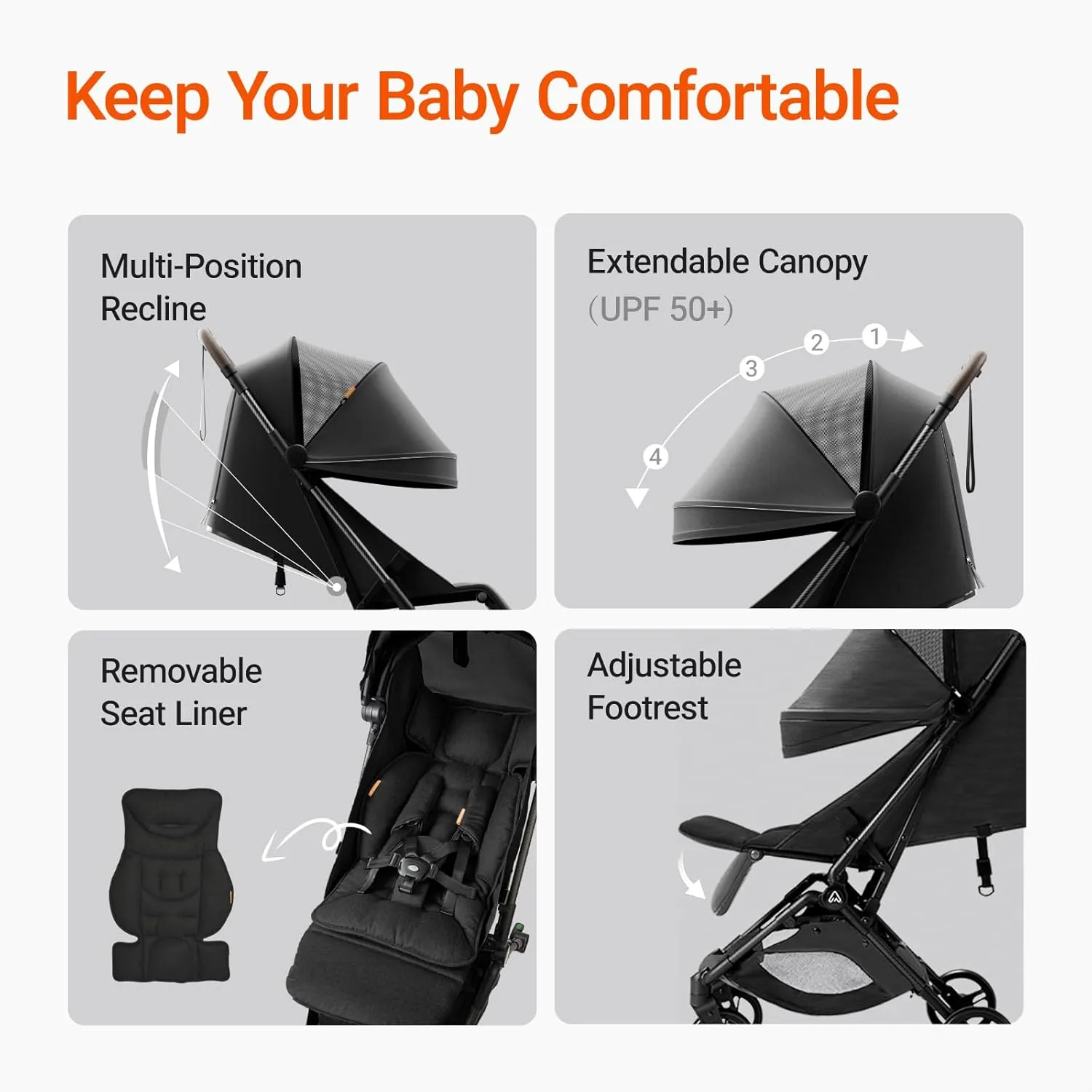 Lightweight Baby Travel Stroller with Carbor Fiber Frame, Compact & Airplane-Friendly, One-Handed Folding Design, 11.6 lbs, Perfect for Toddlers, Organizer & Cushion Included, Black