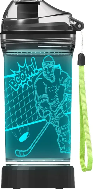 Lightzz Kids Water Bottle with 3D Glowing Hockey LED Light - 14 OZ Tritan BPA Free - Creative Ideal Travel Cup Gift for School Kid Boy Child Holiday Camping