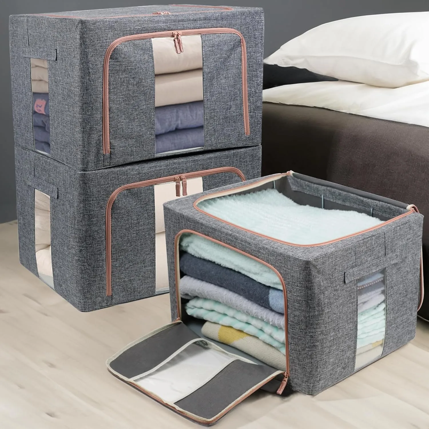Linen Clothes Storage Bins, 4PCS Sturdy Closet Organizers and Storage Bin with Metal Frame, 2 Opening Ways Fabric Visible Lidded Storage Box for Organizing Clothing,Jeans,Sheets (4PC Gray, 60Liters)