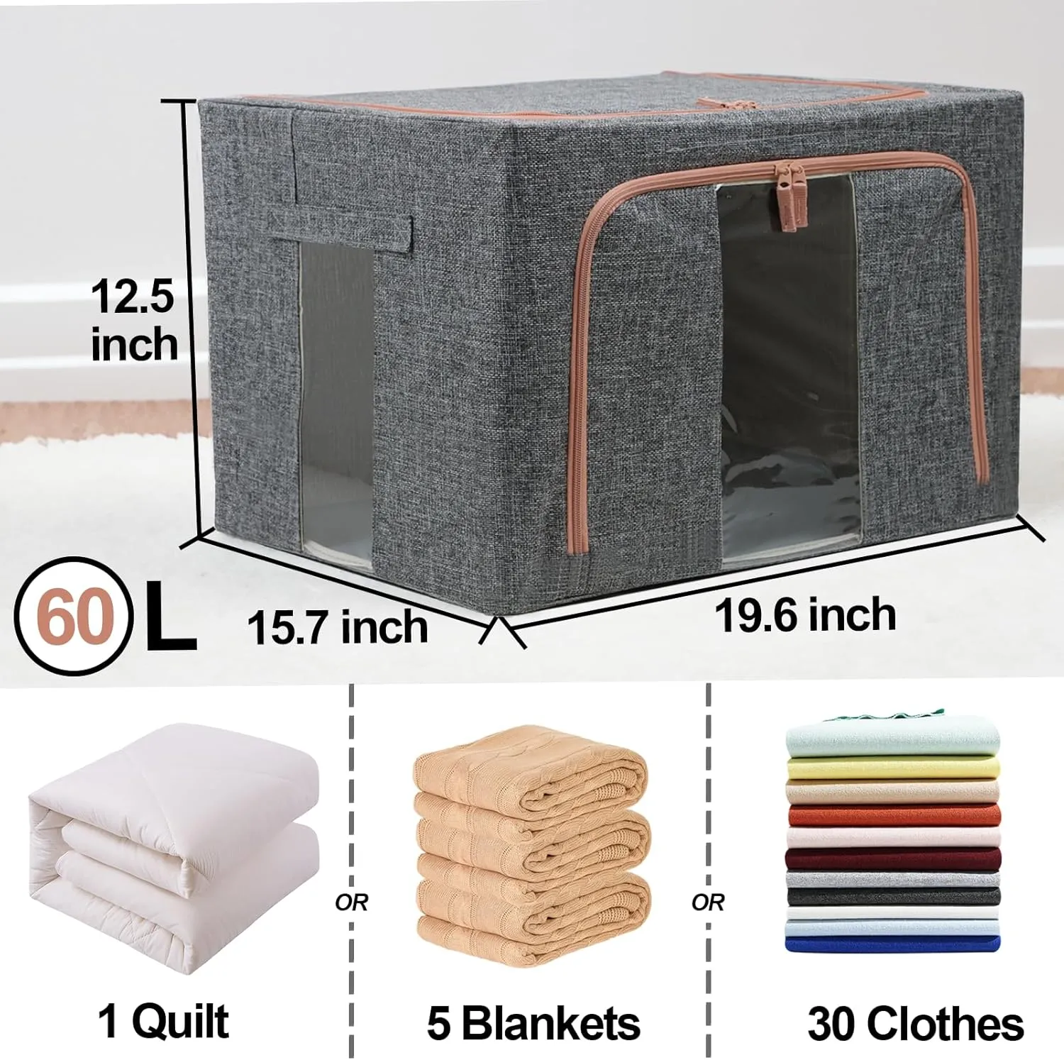 Linen Clothes Storage Bins, 4PCS Sturdy Closet Organizers and Storage Bin with Metal Frame, 2 Opening Ways Fabric Visible Lidded Storage Box for Organizing Clothing,Jeans,Sheets (4PC Gray, 60Liters)
