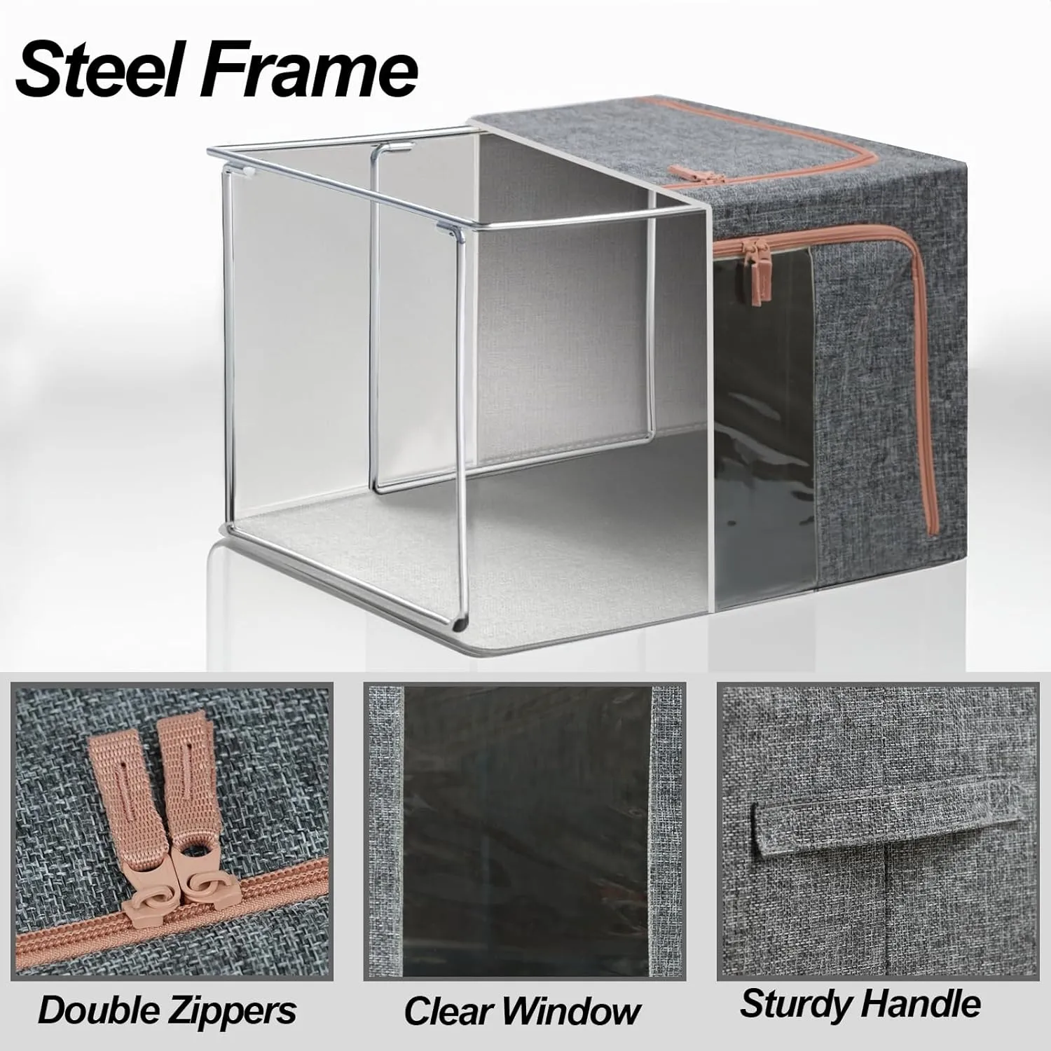 Linen Clothes Storage Bins, 4PCS Sturdy Closet Organizers and Storage Bin with Metal Frame, 2 Opening Ways Fabric Visible Lidded Storage Box for Organizing Clothing,Jeans,Sheets (4PC Gray, 60Liters)