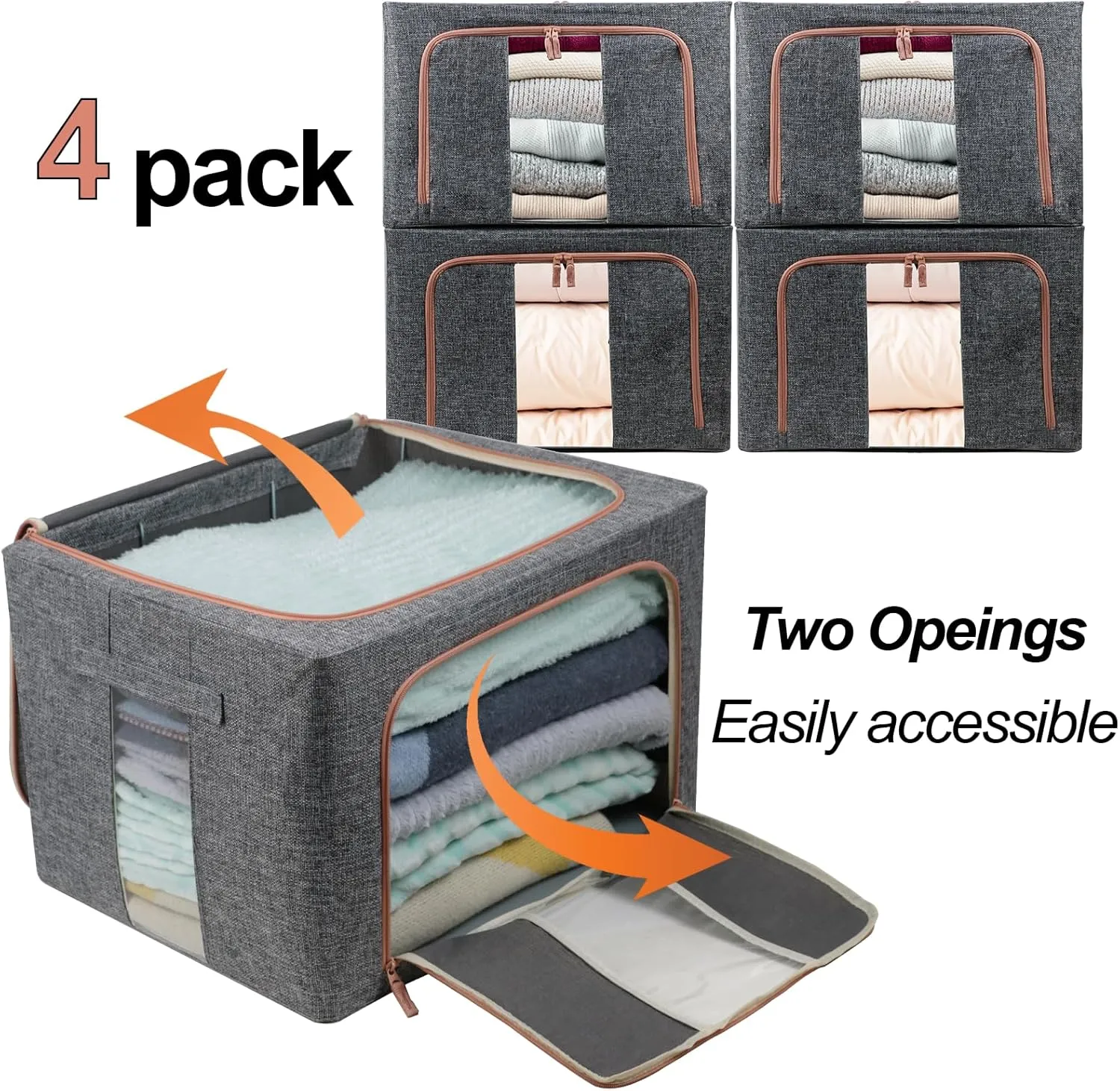 Linen Clothes Storage Bins, 4PCS Sturdy Closet Organizers and Storage Bin with Metal Frame, 2 Opening Ways Fabric Visible Lidded Storage Box for Organizing Clothing,Jeans,Sheets (4PC Gray, 60Liters)