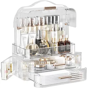 LINFIDITE Cosmetics Storage Box Transparent Lid Large Makeup Organizer Box Drawers Portable Handle Waterproof Dustproof Skincare Display Cases for Countertop, Bathroom, Dresser,Gift Clear