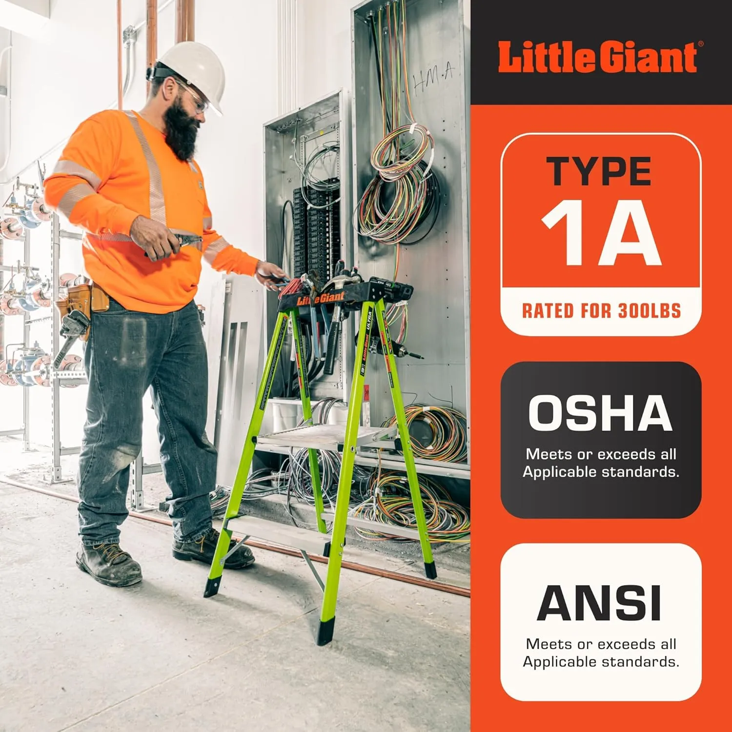 Little Giant Ultra Step Ladder with XL Platform, 2-Step Lightweight Foldable Non-Conductive Fiberglass, 300 Lbs. Capacity Type IA Extra Heavy Duty Ladder 8-Ft Max Reach