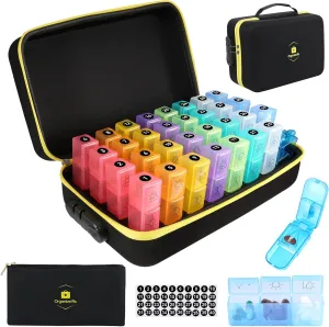 Lockable Monthly Pill Organizer 3 Times a Day, One Month Pill Box with Child Lock, Weekly Travel Bag and Pill Cutter for Fish Oil, Vitamins, Supplements and Medications
