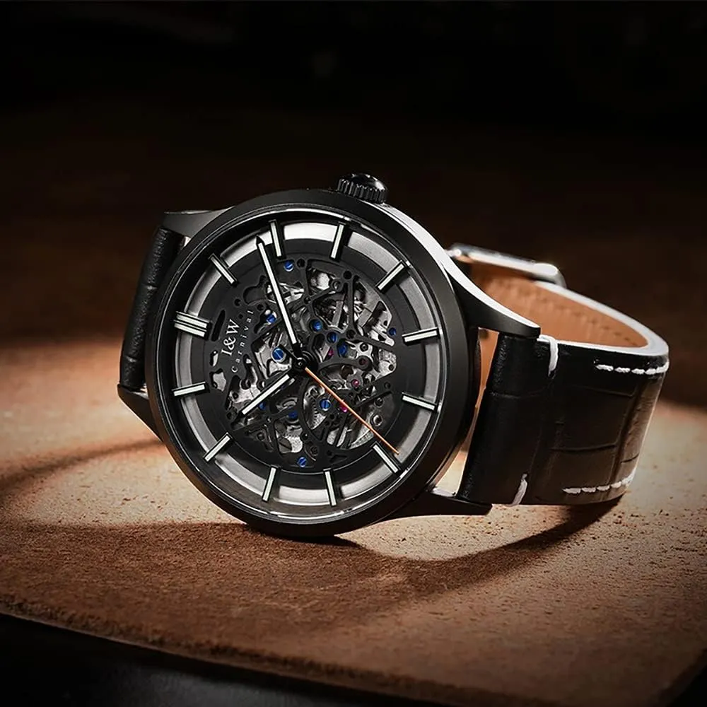 LOREO Automatic Watch for Mens Luminous Skeleton Dial Black Stainless Steel Synthetic Sapphire Military Casual Sports Waterproof Watch