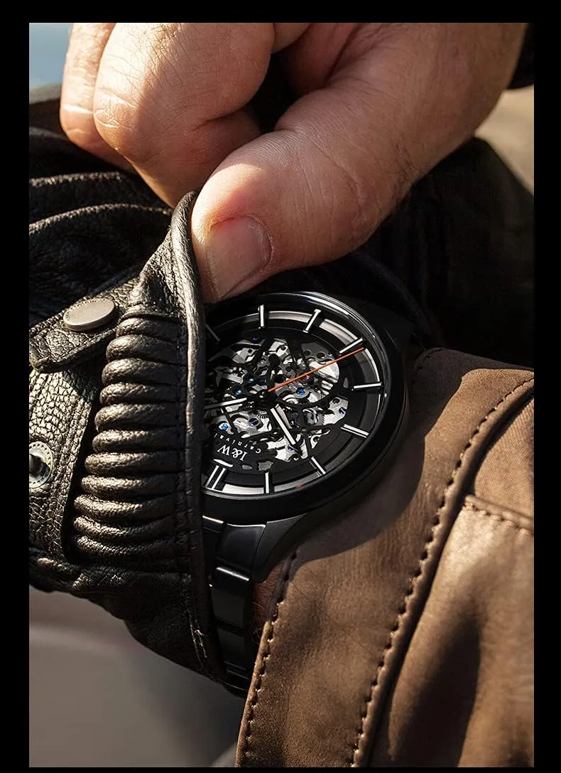 LOREO Automatic Watch for Mens Luminous Skeleton Dial Black Stainless Steel Synthetic Sapphire Military Casual Sports Waterproof Watch