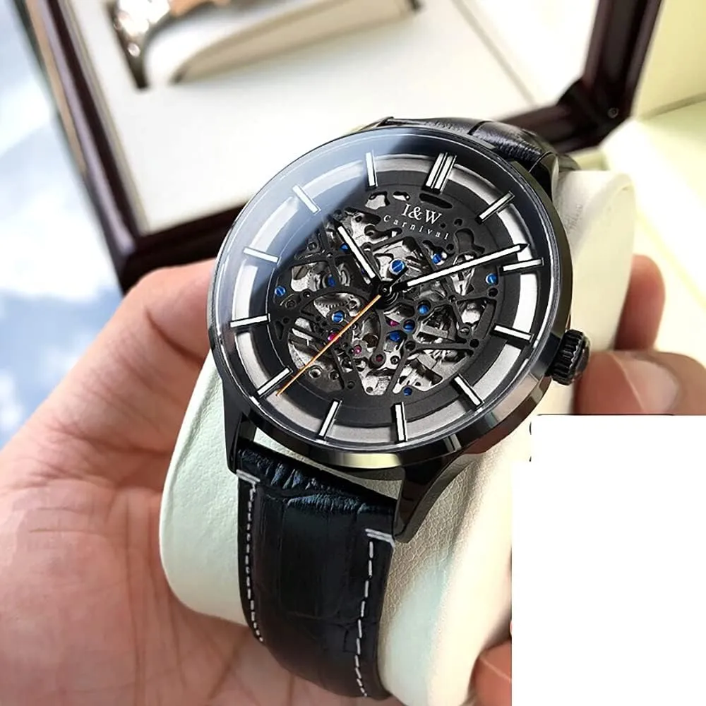 LOREO Automatic Watch for Mens Luminous Skeleton Dial Black Stainless Steel Synthetic Sapphire Military Casual Sports Waterproof Watch