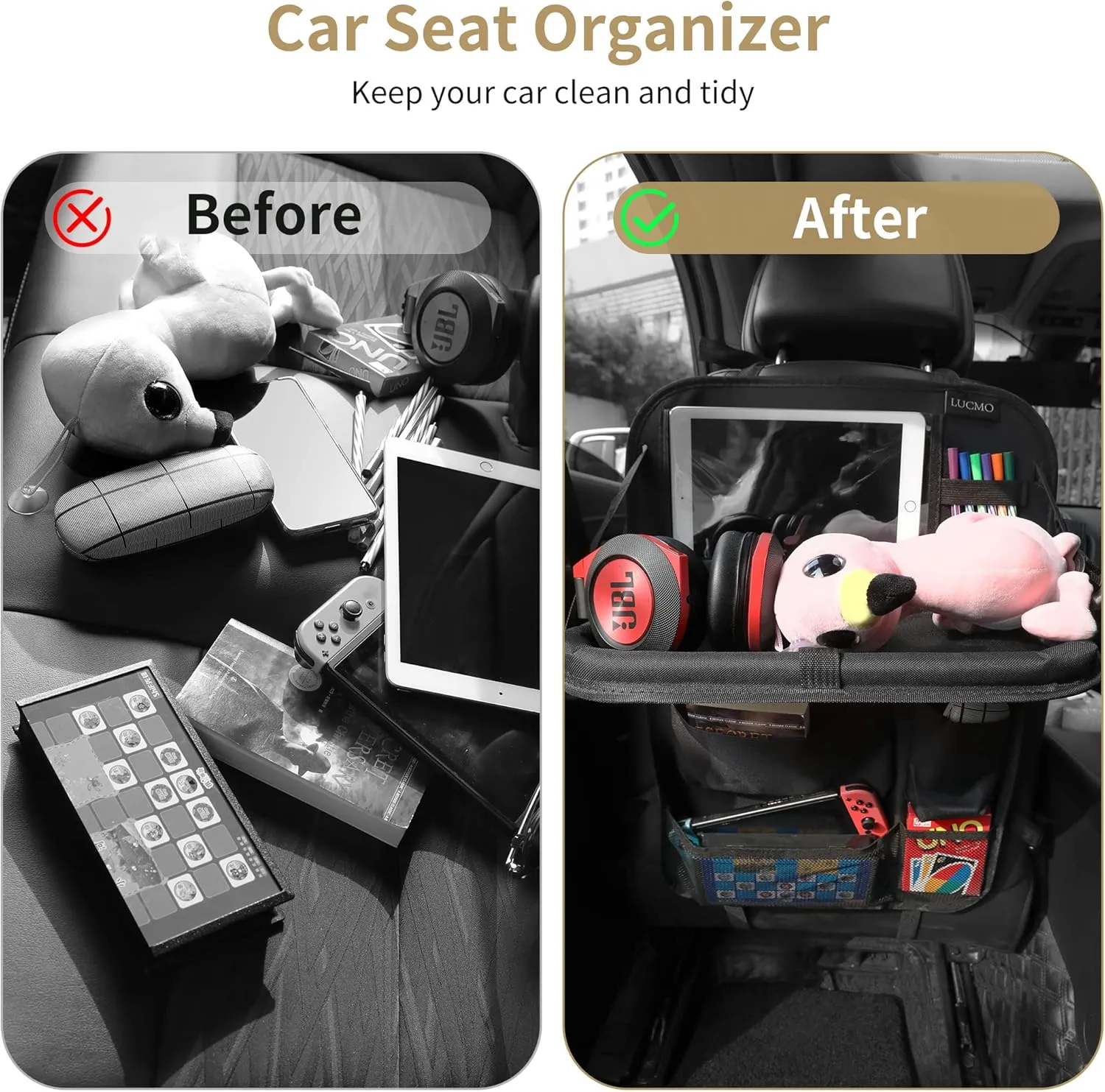LUCMO Car Backseat Organizer with Touch Screen Tablet Holder,9 Storage Pockets Storage Organizer,Protectors Kick Mats Travel Accessories (Black, 2 Pack with Food Tray)