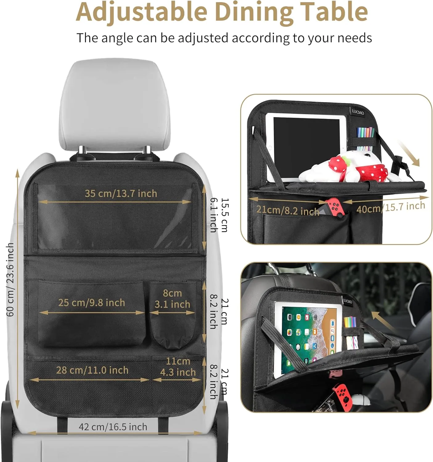 LUCMO Car Backseat Organizer with Touch Screen Tablet Holder,9 Storage Pockets Storage Organizer,Protectors Kick Mats Travel Accessories (Black, 2 Pack with Food Tray)